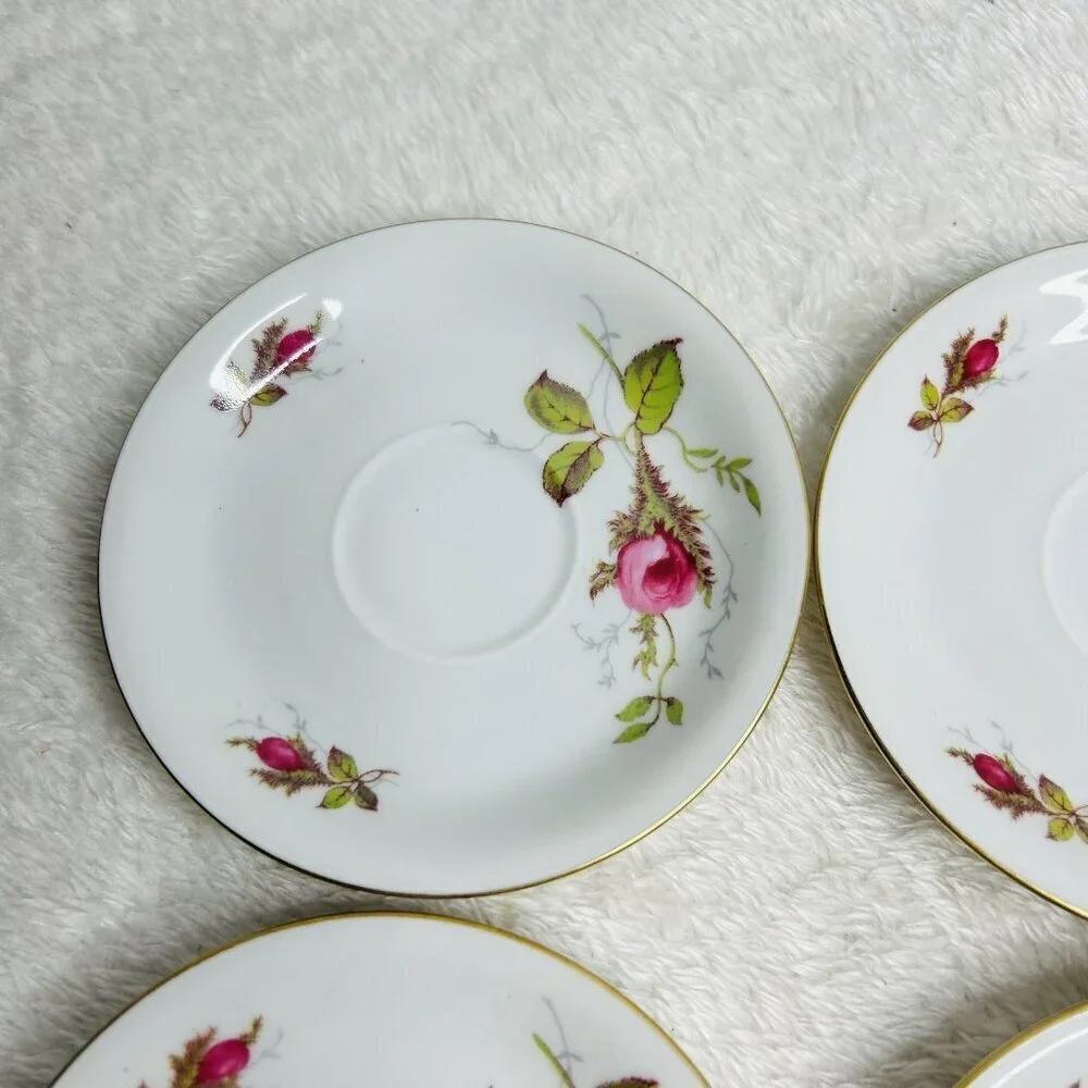 Eschenbach Bavaria Germany Moss Rose Demitasse Teacup Saucers Cream and Sugar